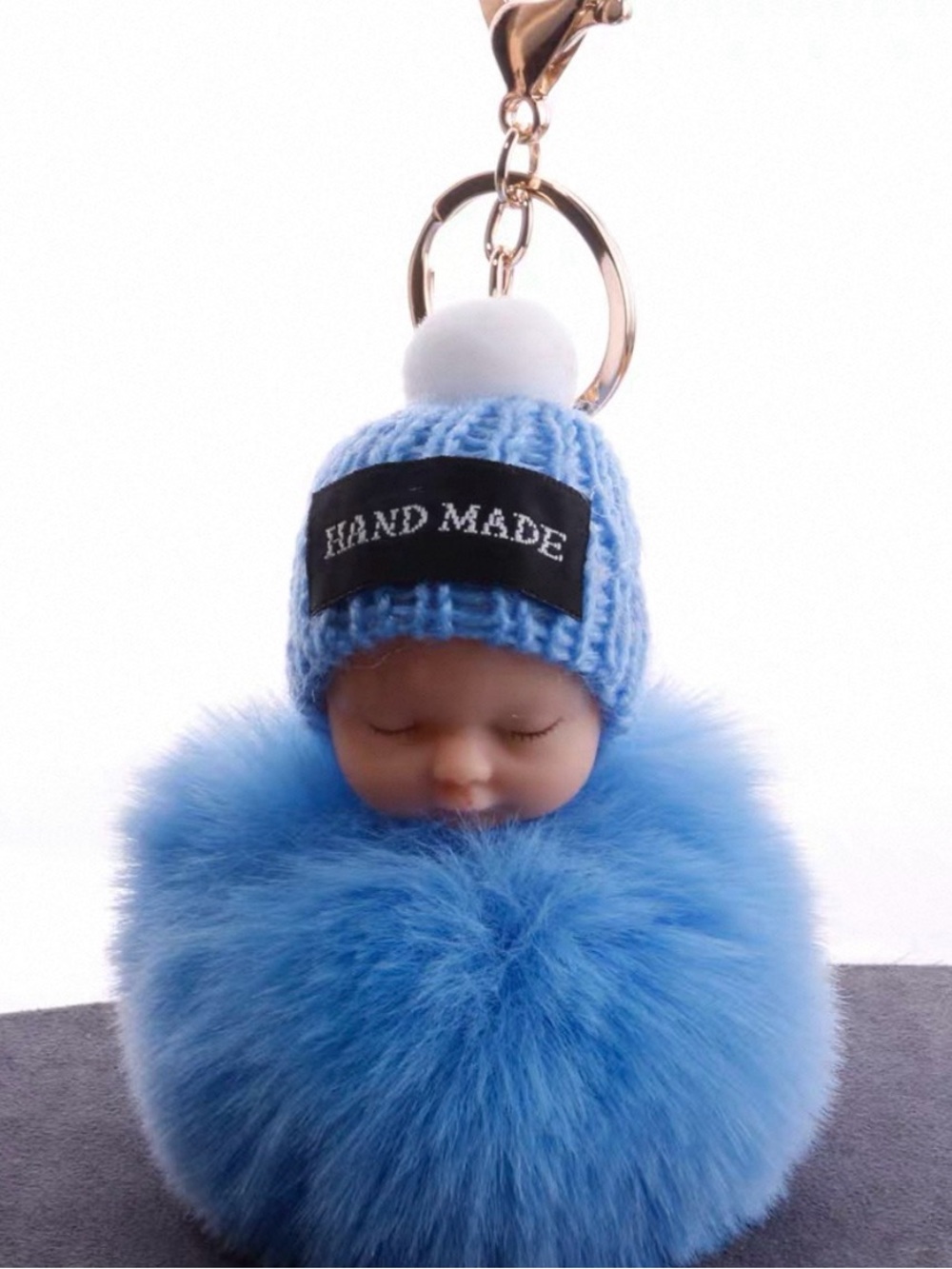 Cute Sleeping Baby Doll SkyBlue Pom Pom Keychain Bag Charm.